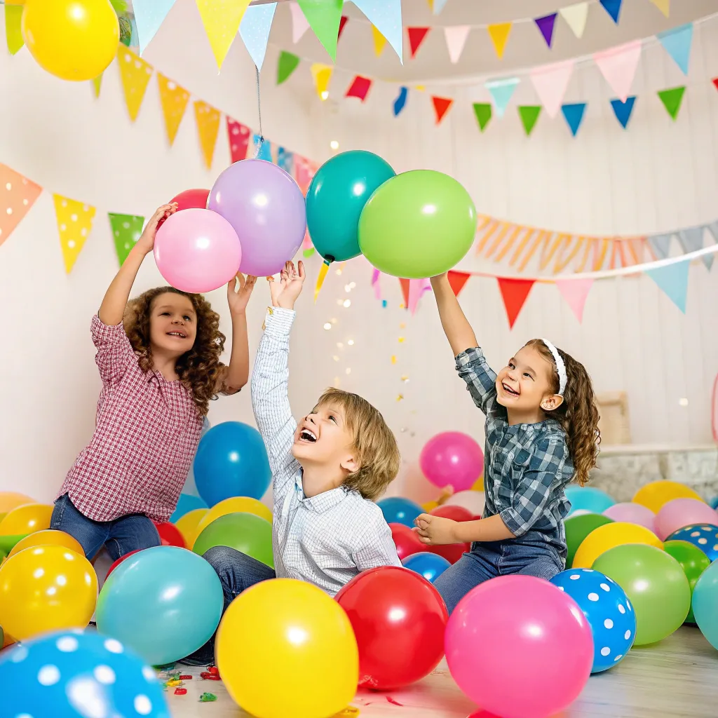Kids enjoying a colorful birthday party with balloons and decorations